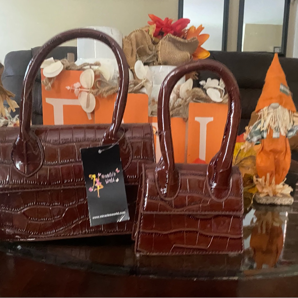 Womens Brown Crocodile Pattern Handbag Set